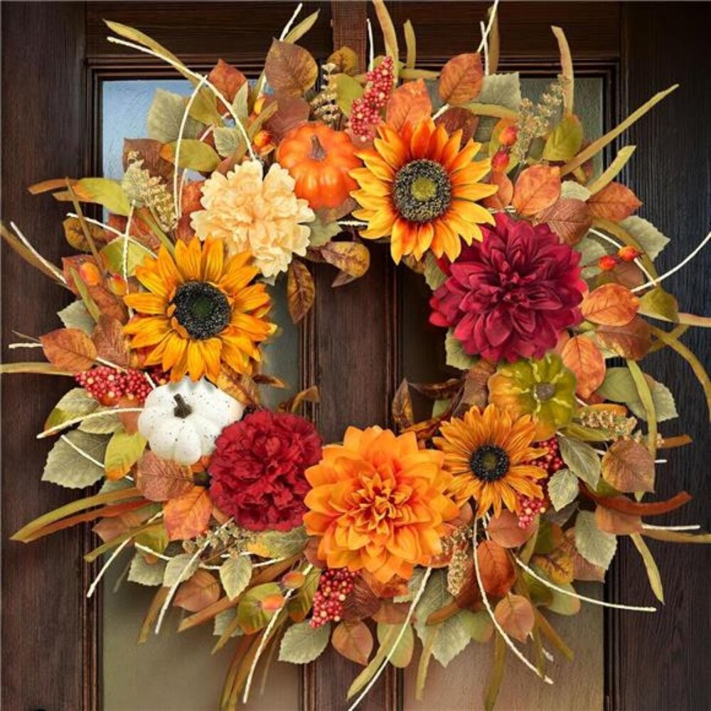 24-26Inch Fall Wreaths for Front Door with Banner,Sunflower Pumpkin Wreath with